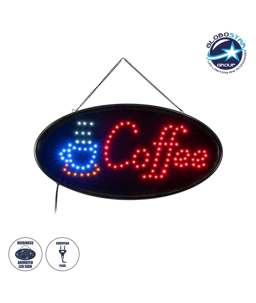 GloboStar® 75687 Φωτιστικό Ταμπέλα LED Οβάλ Σήμανσης COFFEE με Πρίζα AC 230V Μ48 x Π1.8 x Υ24.5cm